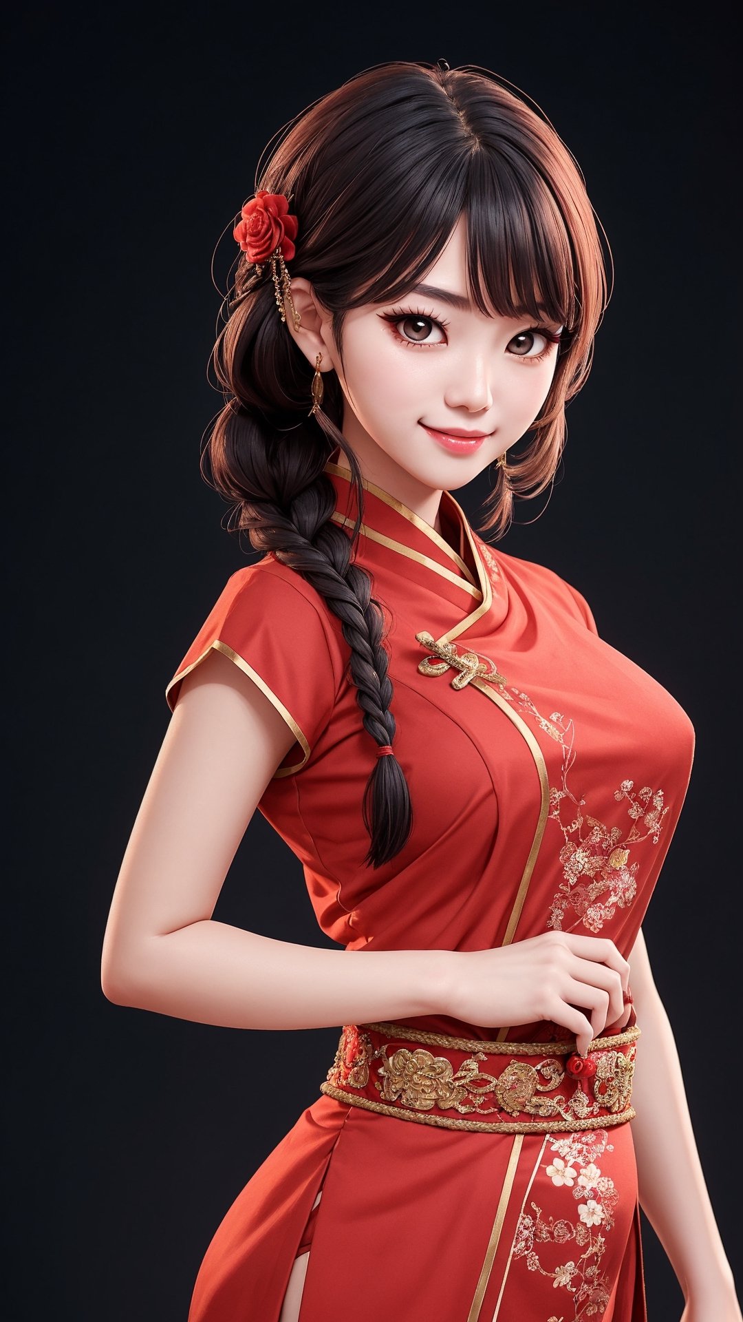 demon slayer Jiaying, two graceful braids, bright black eyes, sly smile
, wearing a red traditional oriental costume with a black bel, fit
, cute, mysterious
, dynamic pose
,  (shallow depth of field photography,  looking at viewer, simple background)