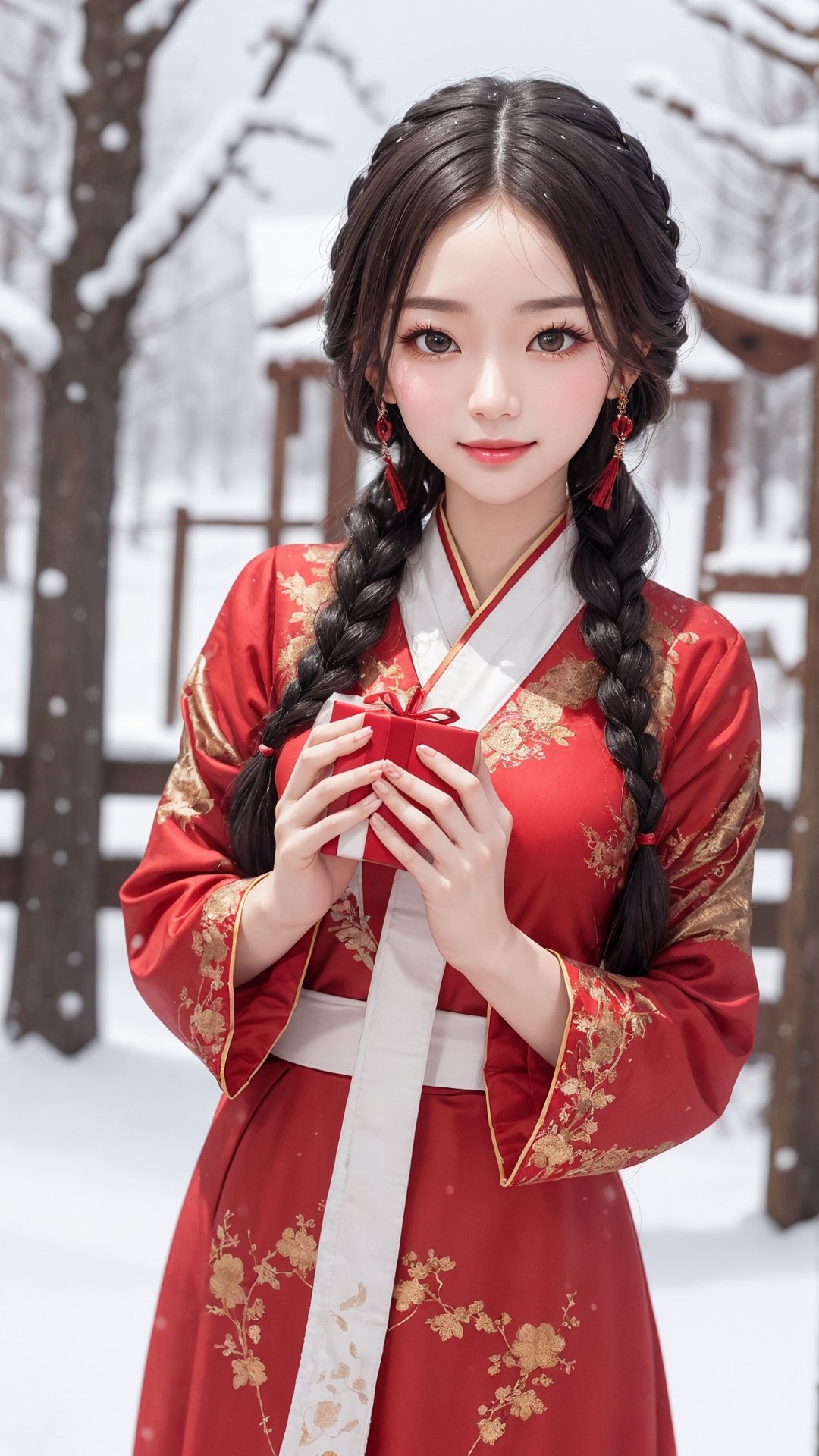 Jiaying, two graceful braids, bright black eyes, sly smile
, wearing a red traditional oriental costume with a black bel, fit
, cute, mysterious
, her hands hold a big gift
,  (shallow depth of field photography,  looking at viewer, snow background)
, (perfect fingers:1.1)