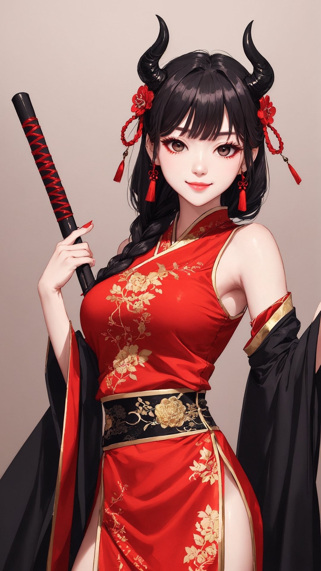 demon slayer Jiaying, two graceful braids, bright black eyes, sly smile
, wearing a red traditional oriental costume with a black bel, fit
, cute, mysterious
, dynamic pose
,  (shallow depth of field photography,  looking at viewer, simple background)