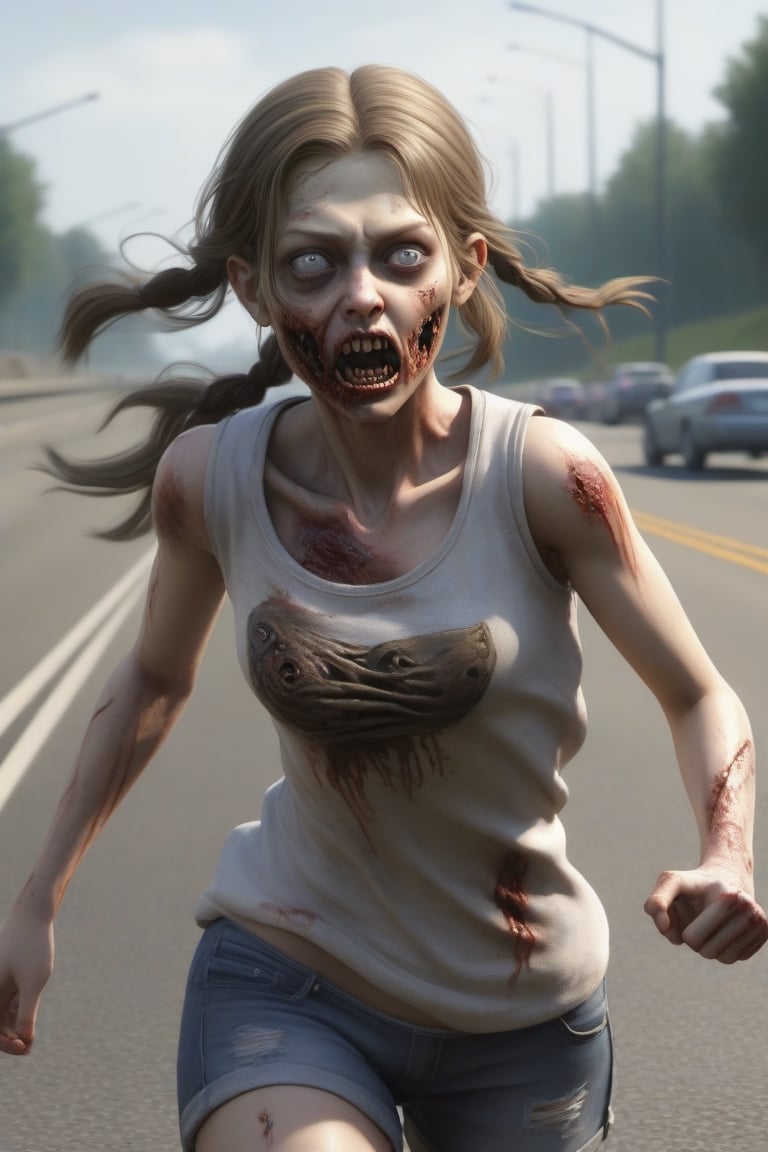 girl and running zombie, (masterpiece:1.4), (hyper quality:1.2), (Perfect drawing), 3D,16K, ((clear face)), (Hi-Res), (highway:1.2), perfect beautiful girl, perfect photo