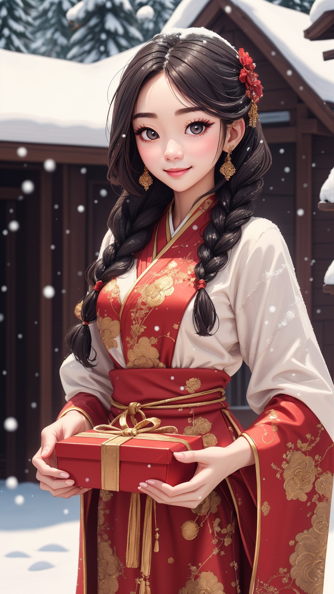 Jiaying, two graceful braids, bright black eyes, sly smile
, wearing a red traditional oriental costume with a black bel, fit
, cute, mysterious
, her hands hold a big gift
,  (shallow depth of field photography,  looking at viewer, snow background)
, (perfect fingers:1.1)