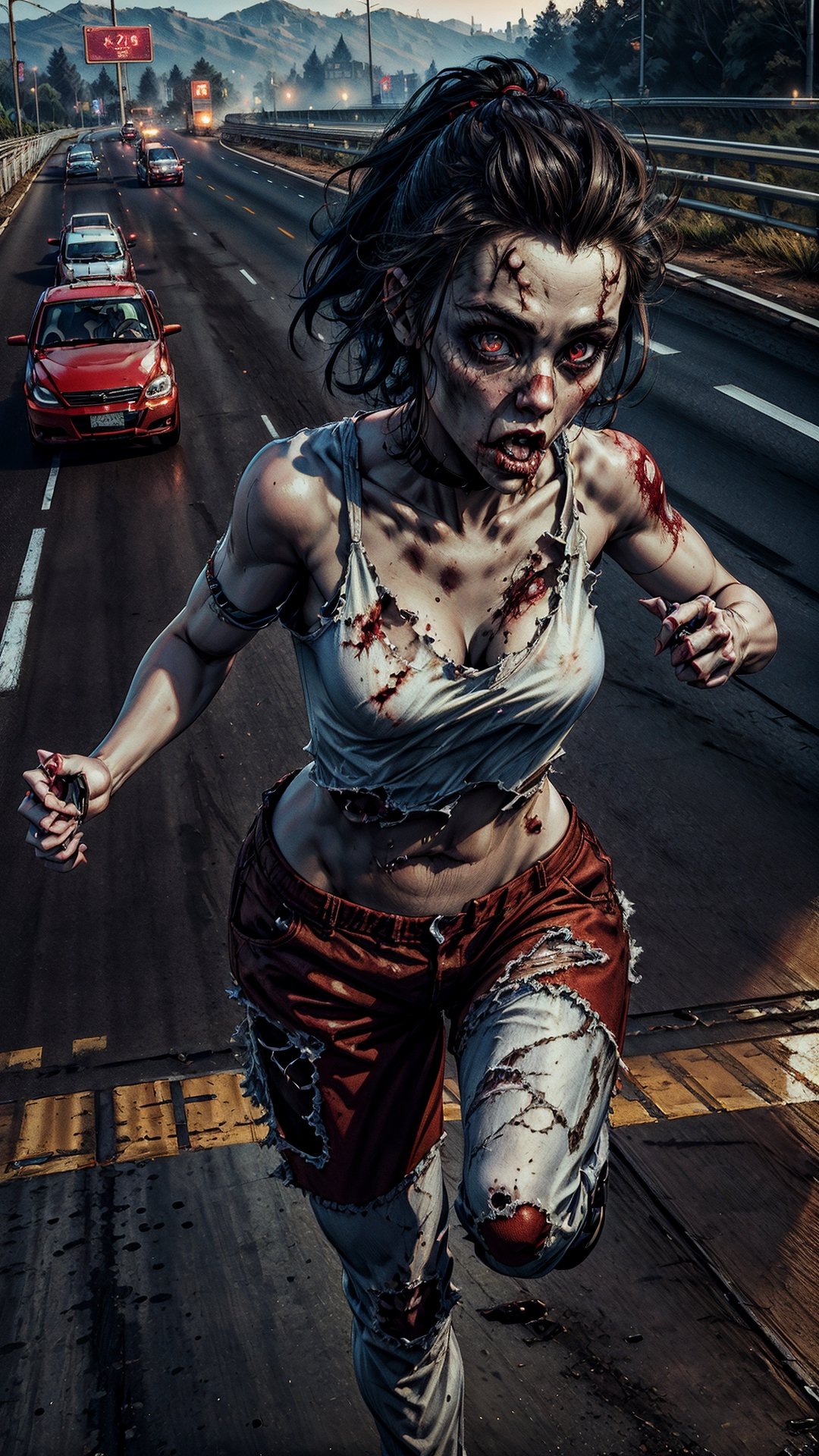 girl and ((running zombie)), (masterpiece:1.4), (hyper quality:1.2), (Perfect drawing), 3D,16K, ((clear face)), (Hi-Res), (highway:1.2), perfect beautiful girl, perfect photo