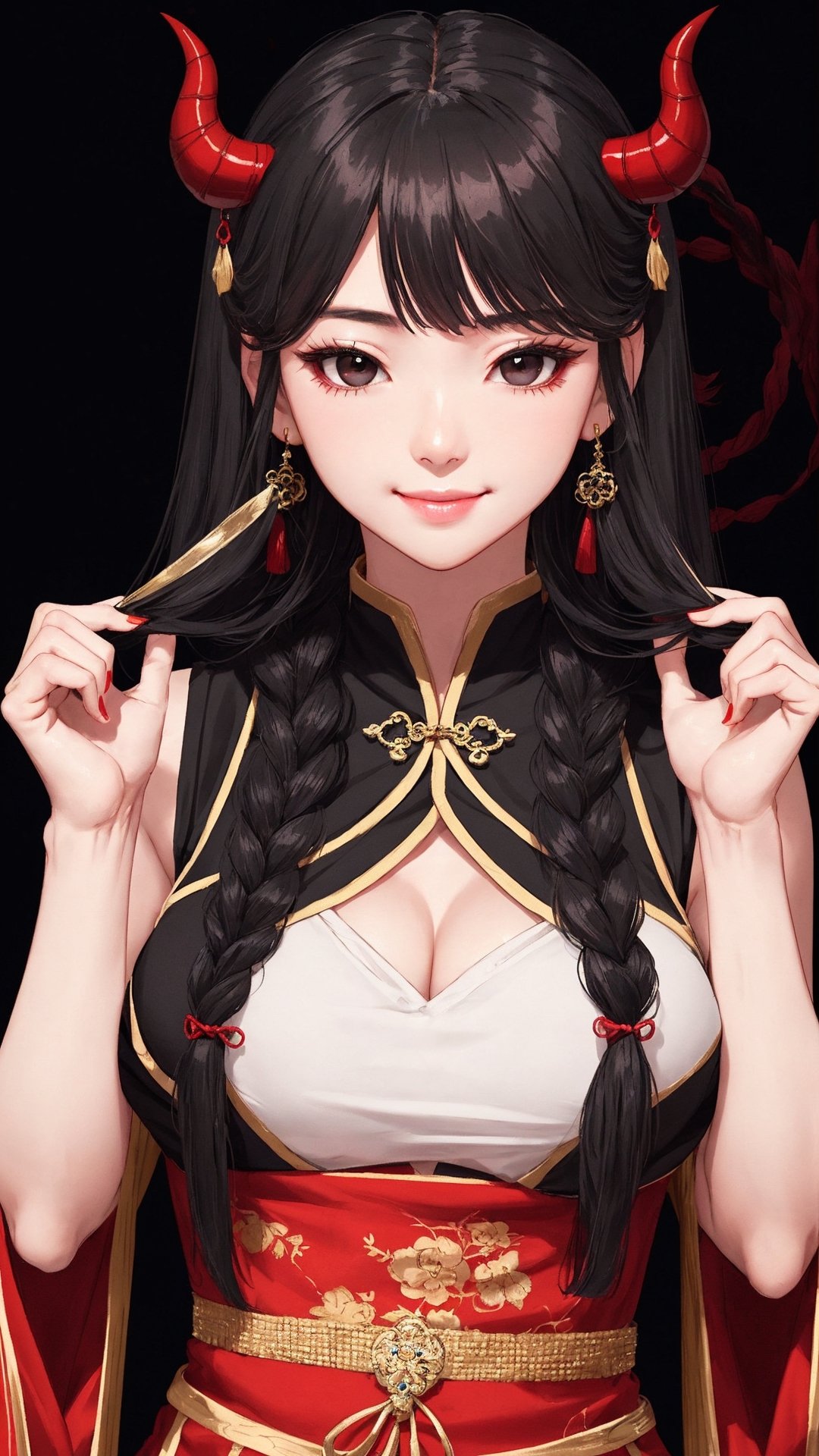 demon slayer Jiaying, two graceful braids, bright black eyes, sly smile
, wearing a red traditional oriental costume with a black bel, fit
, cute, mysterious
, dynamic pose
,  (shallow depth of field photography,  looking at viewer, simple background)