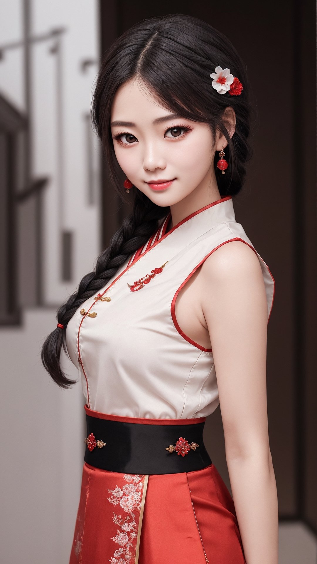 demon slayer Jiaying, two graceful braids, bright black eyes, sly smile
, wearing a red traditional oriental costume with a black bel, fit
, cute, mysterious
, dynamic pose
,  (shallow depth of field photography,  looking at viewer, simple background)