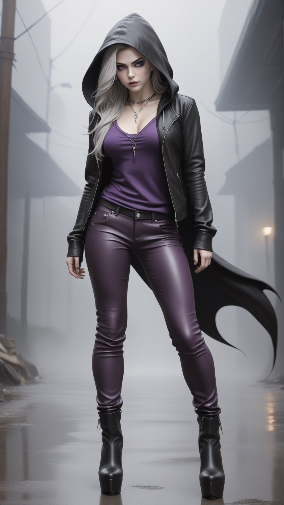 Reina, fantasy, 
wearing a pair of slim-fitting black leather pants, a dark purple hooded top, a silver necklace or bracelet, and a pair of black high-heeled boots,
eyes flashing with wildness and determination, long and messy, flowing hair, pale skin, deep eyes, slightly raised corners of the mouth, confident, contemptuous, slender and powerful body, muscular Tight, wild power