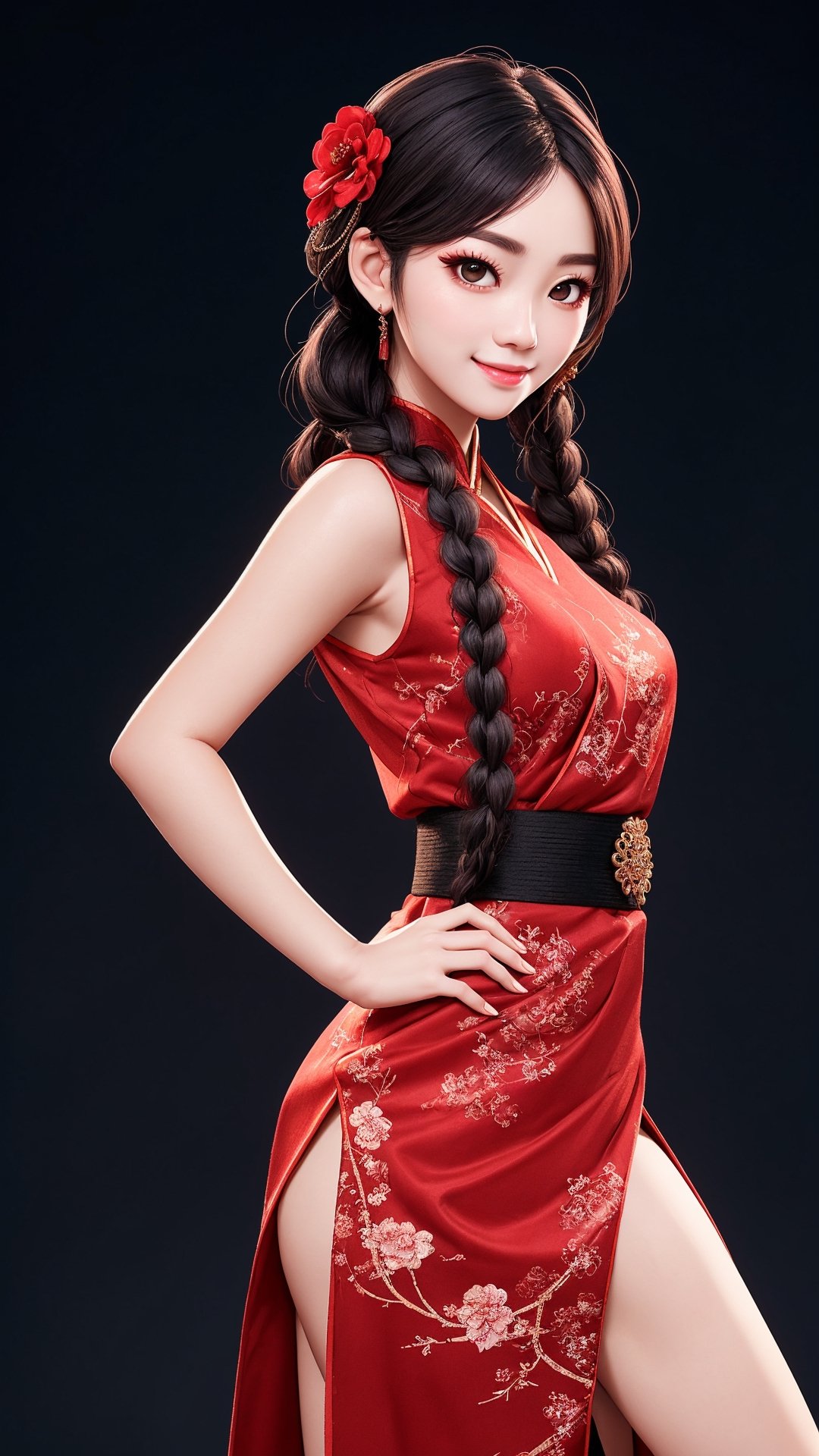 demon slayer Jiaying, two graceful braids, bright black eyes, sly smile
, wearing a red traditional oriental costume with a black bel, fit
, cute, mysterious
, dynamic pose
,  (shallow depth of field photography,  looking at viewer, simple background)