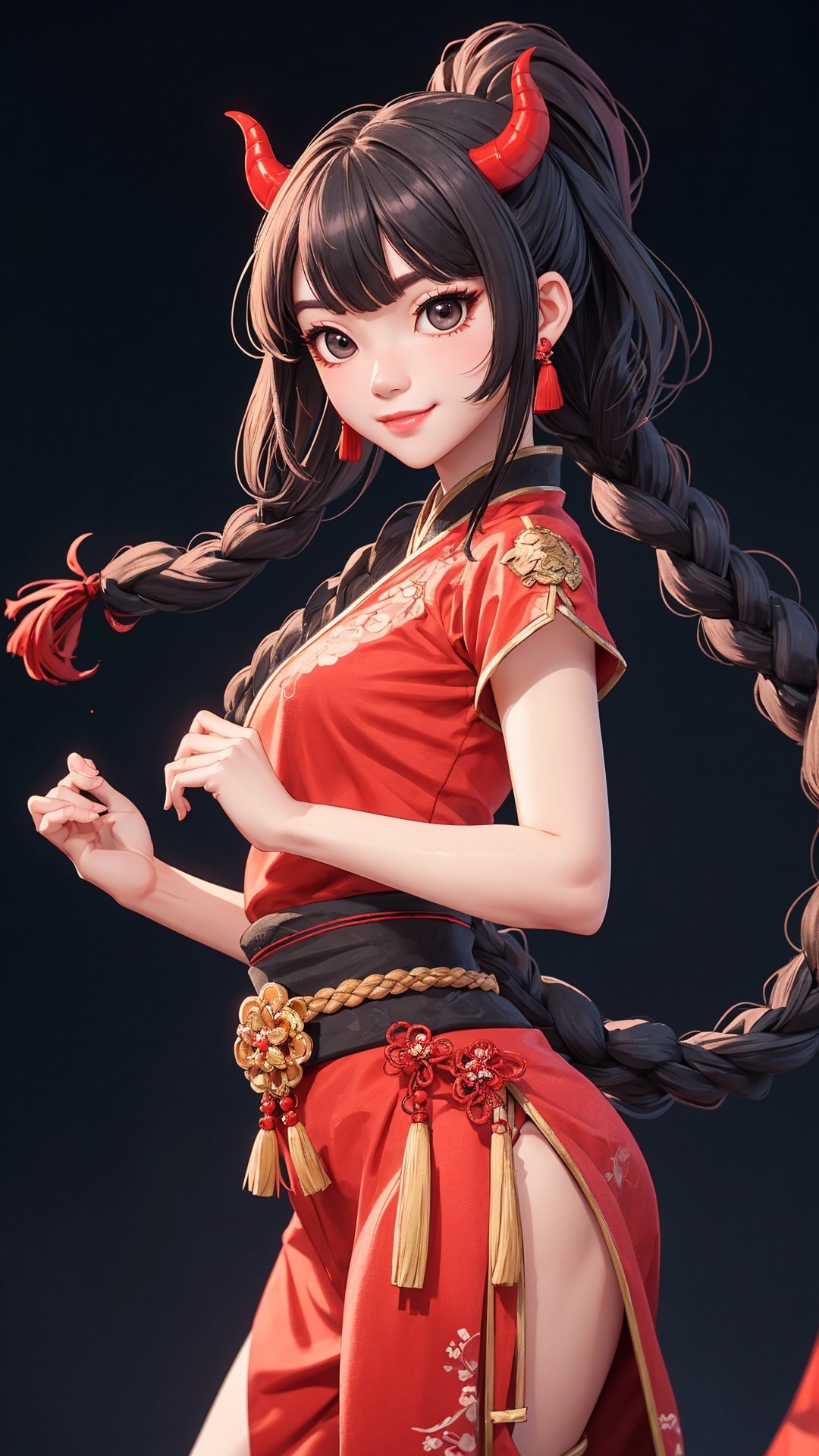 demon slayer Jiaying, two graceful braids, bright black eyes, sly smile
, wearing a red traditional oriental costume with a black bel, fit
, cute, mysterious
, dynamic pose
,  (shallow depth of field photography,  looking at viewer, simple background)