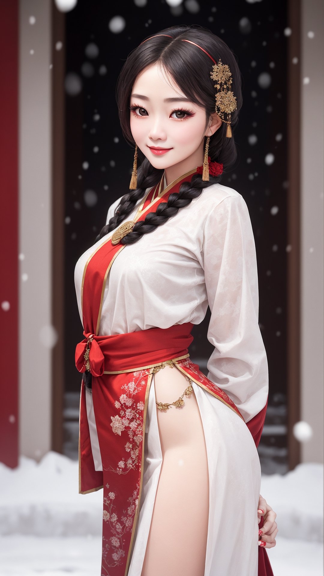 Jiaying, two graceful braids, bright black eyes, sly smile
, wearing a red traditional oriental costume with a black bel, fit
, cute, mysterious
, arms behind back
,  (shallow depth of field photography,  looking at viewer, snow background)
, (perfect fingers:1.1)