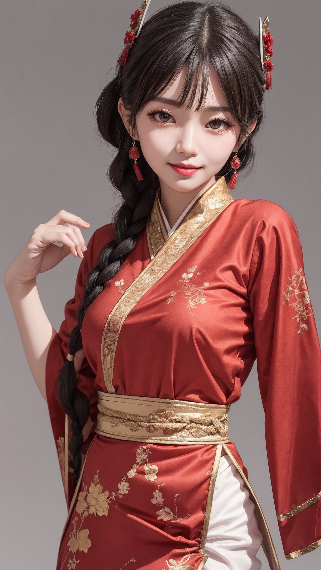 demon slayer Jiaying, two graceful braids, bright black eyes, sly smile
, wearing a red traditional oriental costume with a black bel, fit
, cute, mysterious
, dynamic pose
,  (shallow depth of field photography,  looking at viewer, simple background)