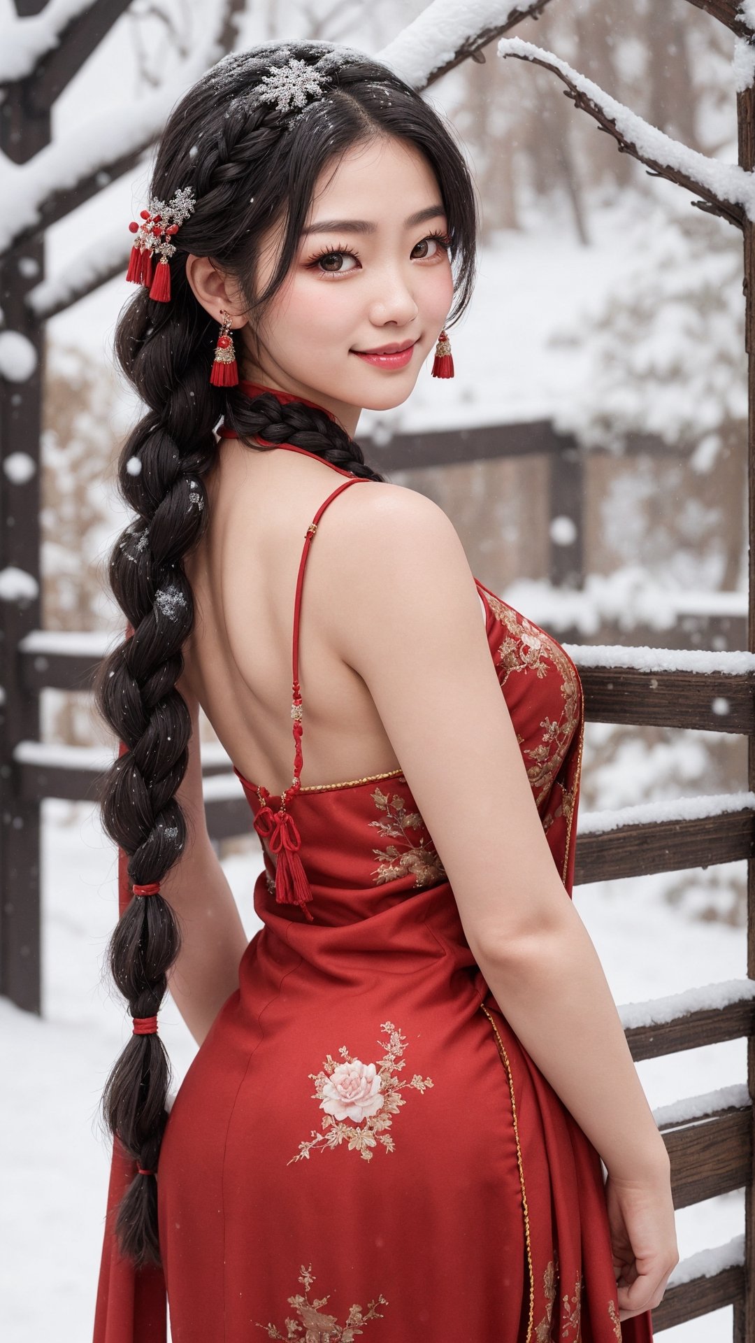 Jiaying, two graceful braids, bright black eyes, sly smile
, wearing a red traditional oriental costume with a black bel, fit
, cute, mysterious
, from front, arms behind back
,  (shallow depth of field photography,  looking at viewer, snow background)
, (perfect fingers:1.1)