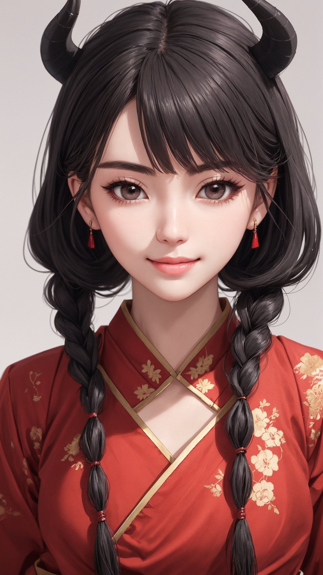 demon slayer Jiaying, two graceful braids, bright black eyes, sly smile
, wearing a red traditional oriental costume with a black bel, fit
, cute, mysterious
, dynamic pose
,  (shallow depth of field photography,  looking at viewer, simple background)