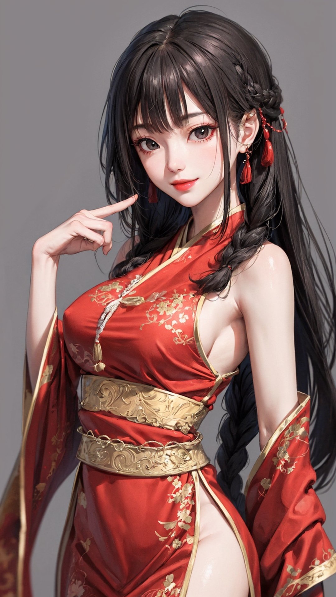 demon slayer Jiaying, two graceful braids, bright black eyes, sly smile
, wearing a red traditional oriental costume with a black bel, fit
, cute, mysterious
, dynamic pose
,  (shallow depth of field photography,  looking at viewer, simple background),girl