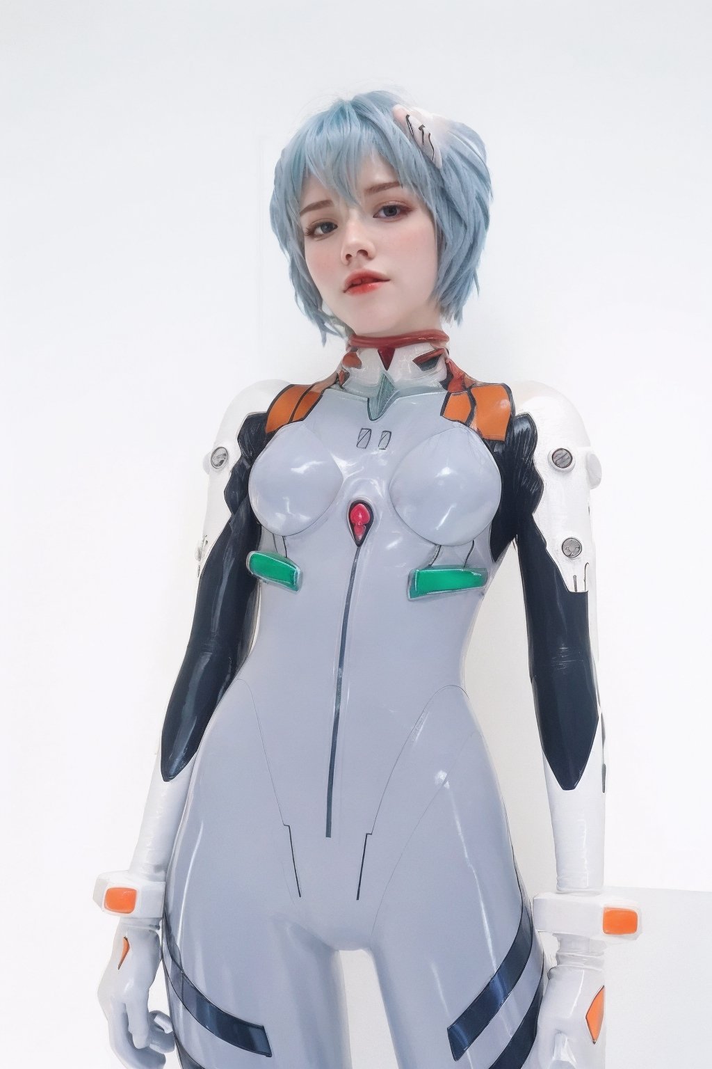 4K, 8K, (Masterpiece, best quality:1.2), (red eyes), perfect face, cosplay, (short frizzy pastel blue hair), professional photo, photo, photorealism, modelshoot style, feminine, ((cyberpunk landscape)), (narrow waist), upper body, face shot, very small breats,rei ayanami,blue hair,shirogane,rei_evangelion