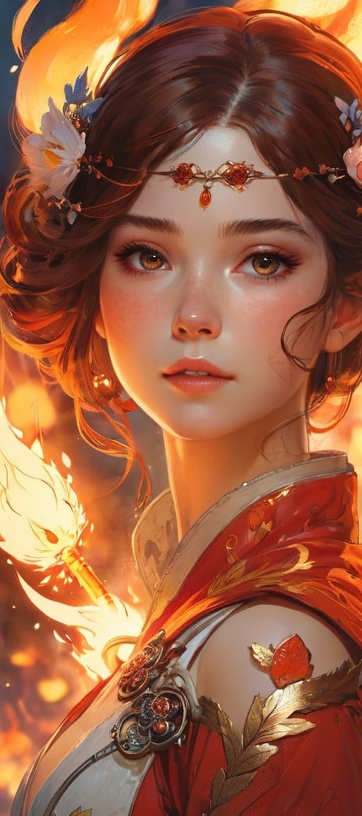 "Portrait of a beautiful fire princess!!! sparks!! fire!!", insanely detailed and intricate digital illustration by Yana Toboso, Ismail Inceoglu, Hayao Miyazaki, M.W. Kaluta and Yoshitaka Amano, a masterpiece, close-up, 8k resolution, trending on artstation, delicate, watercolor, soft