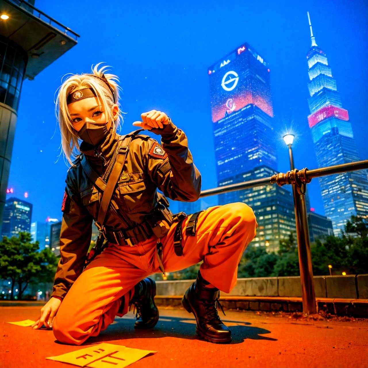 (masterpiece), full_body, 1man, spiky hair, white hair, wearing tight tactical ninja flak jacket, leather tactical ninja full mouth mask, leather gloves, and his (((tactical headband with a letter ("A") symbol))), scenery, (at Taipei 101 background), sparkle, Kakashi Hatake, all fours, leash, spread legs, leg up, paw pose, squatting, spread legs, paw pose, spread legs, lying, leg up, pee
