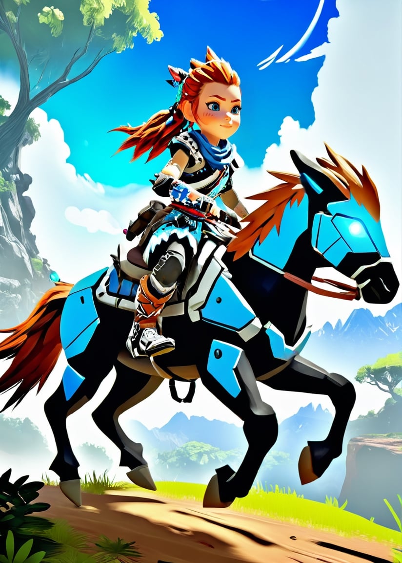 Cute cartoon Aloy from horizon zero dawn, riding on a robo-horse, beautiful environment 