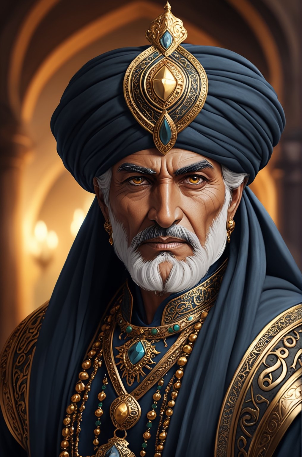 cartoon, the medieval Arabian Elder warrior, adorns himself in a sumptuous Arabian knight's attire,((Cowboy shot)), Lots of ornaments, A regal turban graces his head, His attire is bedecked with an array of opulent metals, accentuating his imposing presence. The judicious use of black eyeshadow enhances his eyes, complementing a determined expression. This ensemble not only reflects Saladin's historical heroism but does so with a luxurious and dignified flair