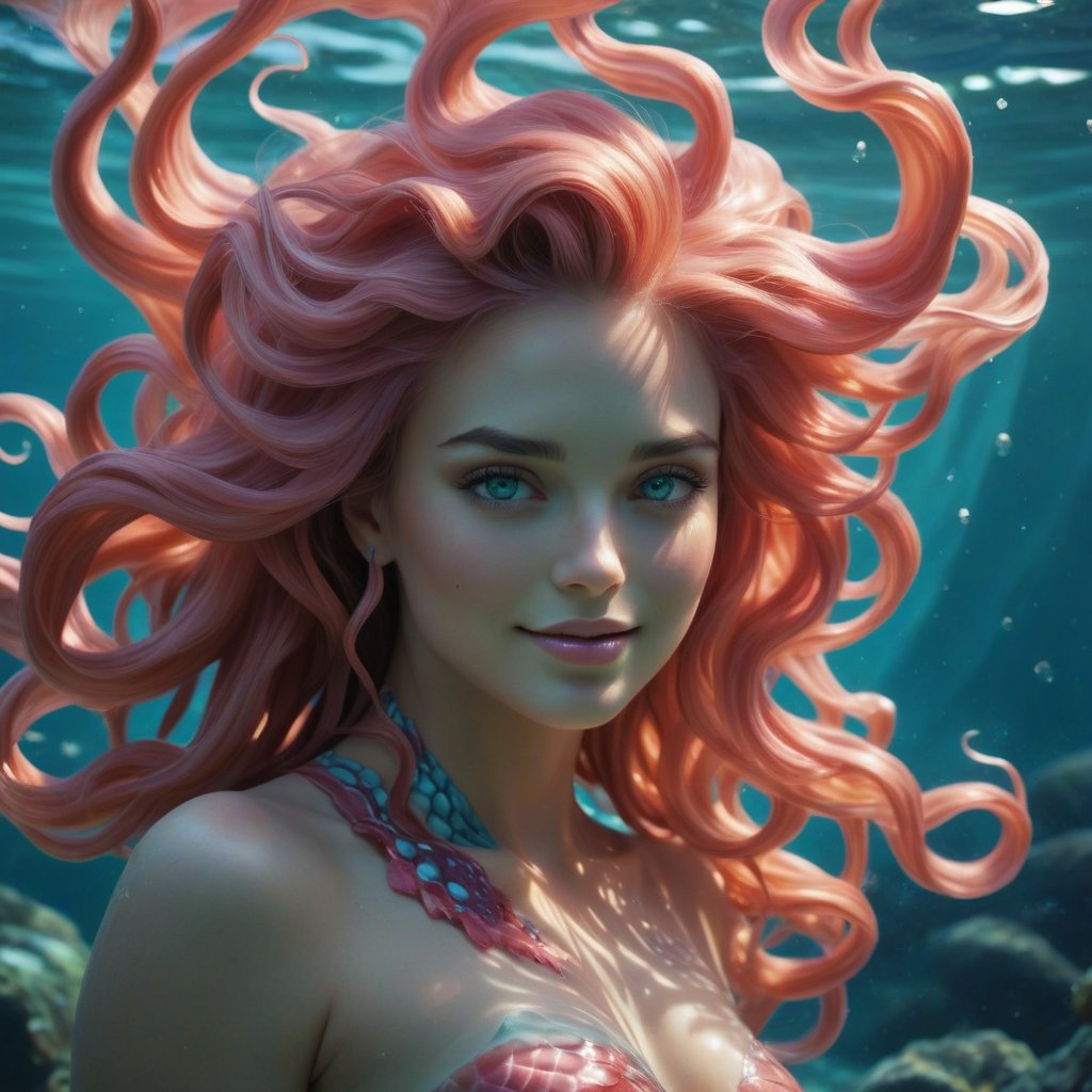 A captivating underwater scene reveals a mermaid's radiant face emerging from the shadows. Gently glowing coral encircles her warm, latte-colored skin, while her turquoise eyes gleam with a mysterious allure. Her subtle smile and vivid pink hair flow like a ribbon, contrasting beautifully with her caramel-toned complexion. The camera draws closer to her intense gaze, as if she's entrancing anyone who dares to come near, all set against the deep, dark ocean backdrop.