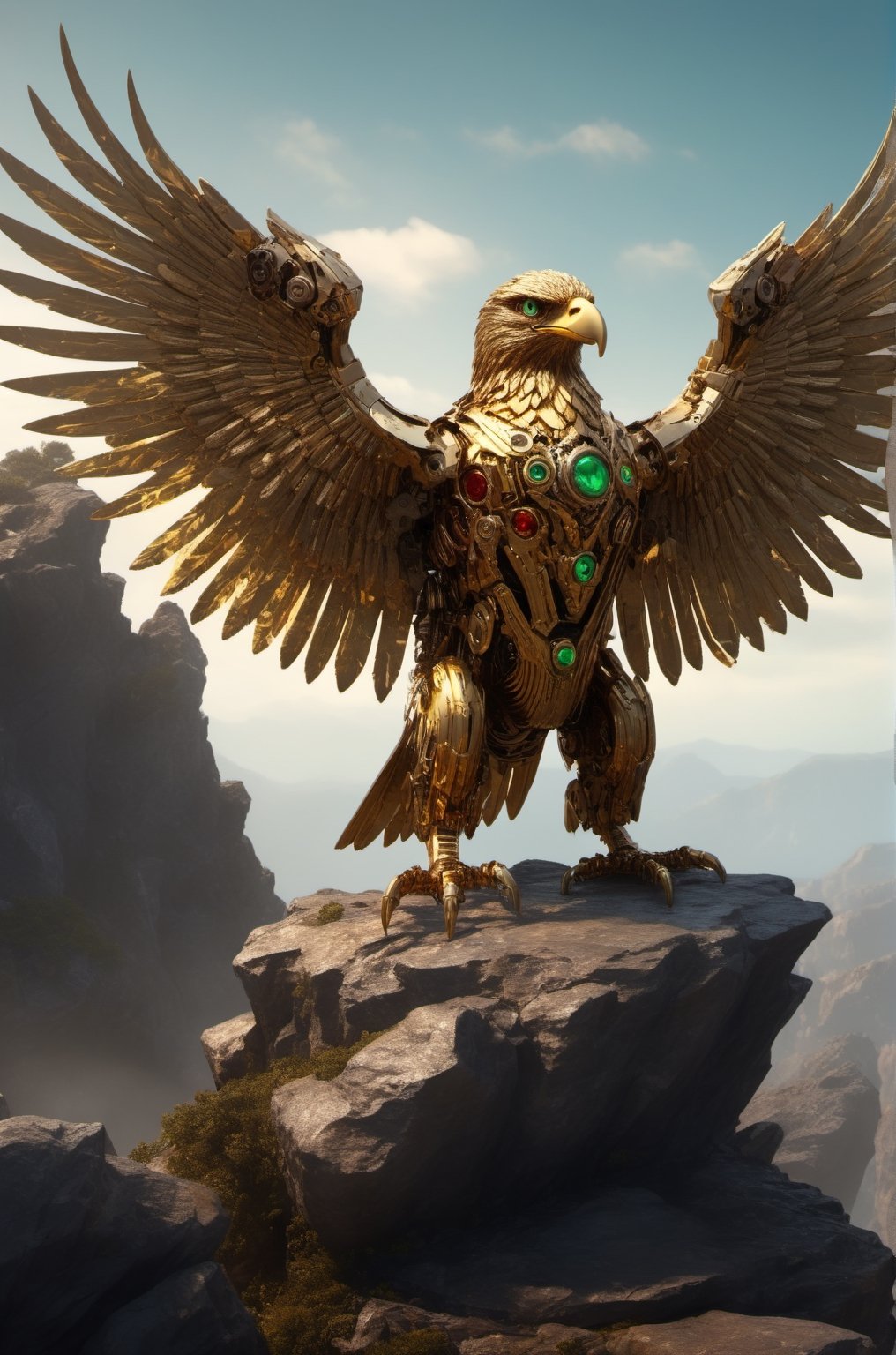 Eagle robot, human-sized, crafted from gold and bromze mechanical parts, yellow and red accents, emerald green glass eyes, perched on a jagged rock, steampunk aesthetics, ultra-detailed design, 32k resolution, cinematic upscaled visuals, octane rendering, bright sky, amber light, LegendDarkFantasy,LegendDarkFantasy,Made_of_pieces_of_bro