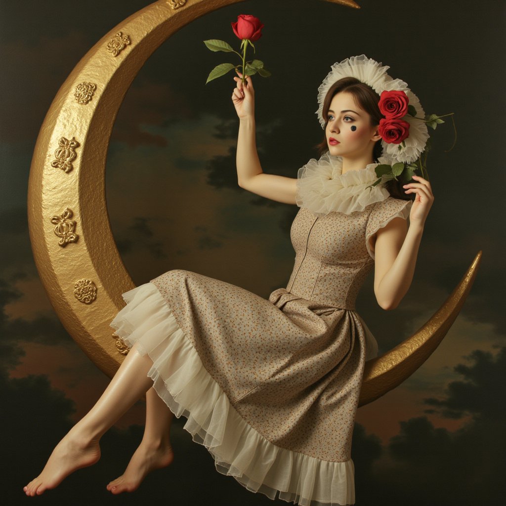 beautiful French girl Pierrot hanging a rose; sitting on a crescent moon, sweet and cinematic expression, dynamic poses, large white ruffle collar, french pierrot makeup and a single black teardrop drawn below the eye, hyperdetailed, mirano fujita style, 4K 64 megapixels 8K resolution HDR, shiny, Epic Masterpiece