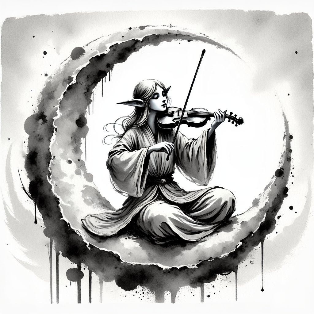 elf sitting on a crescent moon plays the violin with pleasure, dynamic shot,Inkwashara