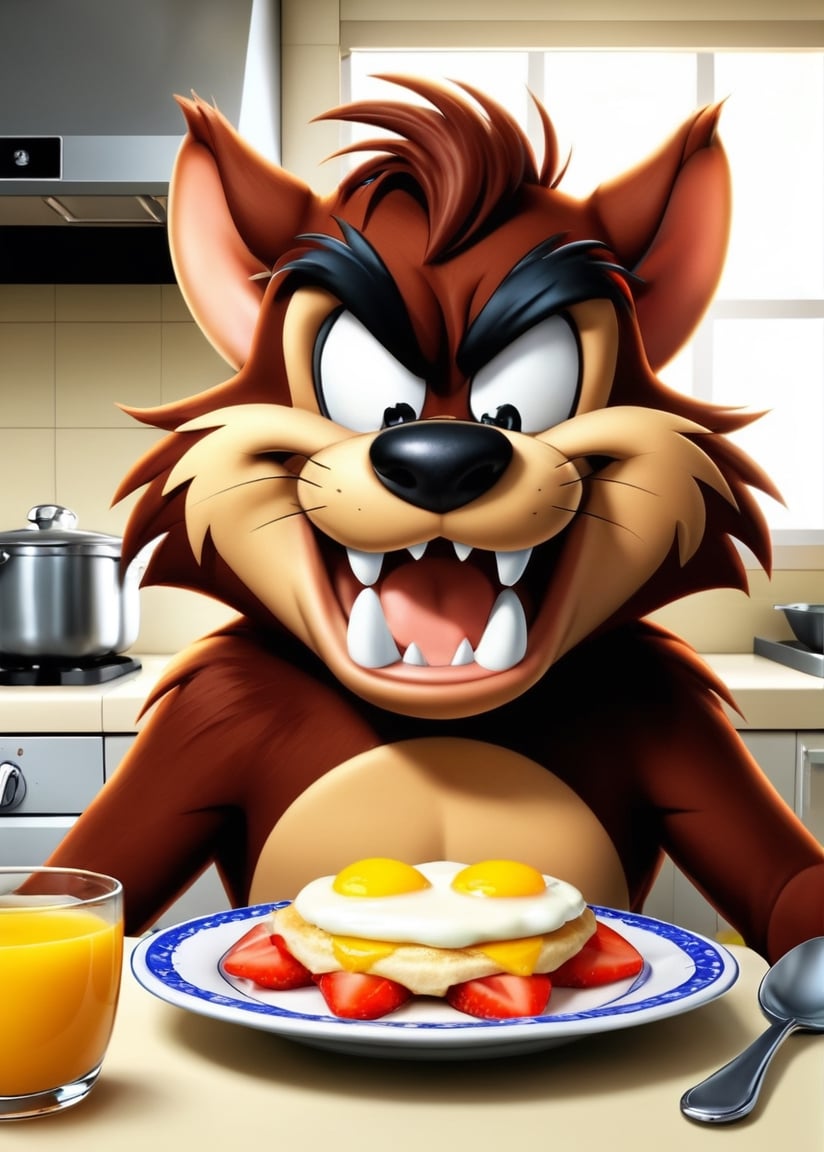 Cartoon Tasmanian devil,  kitchen, eat breakfast 