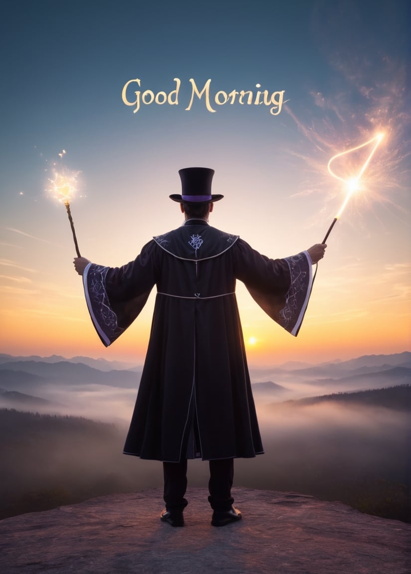 a fairy-tale magician standing with his back to the viewer casts a spell with a magic wand, drawing the inscription “Good morning” in the sky