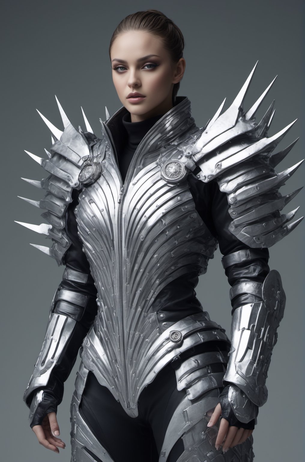 Epic promotional photo of a futuristic avangard huge voluminous jacket made of from silver  forks, sci-fi style,LegendDarkFantasy,thm style,Made_of_pieces_of_bro