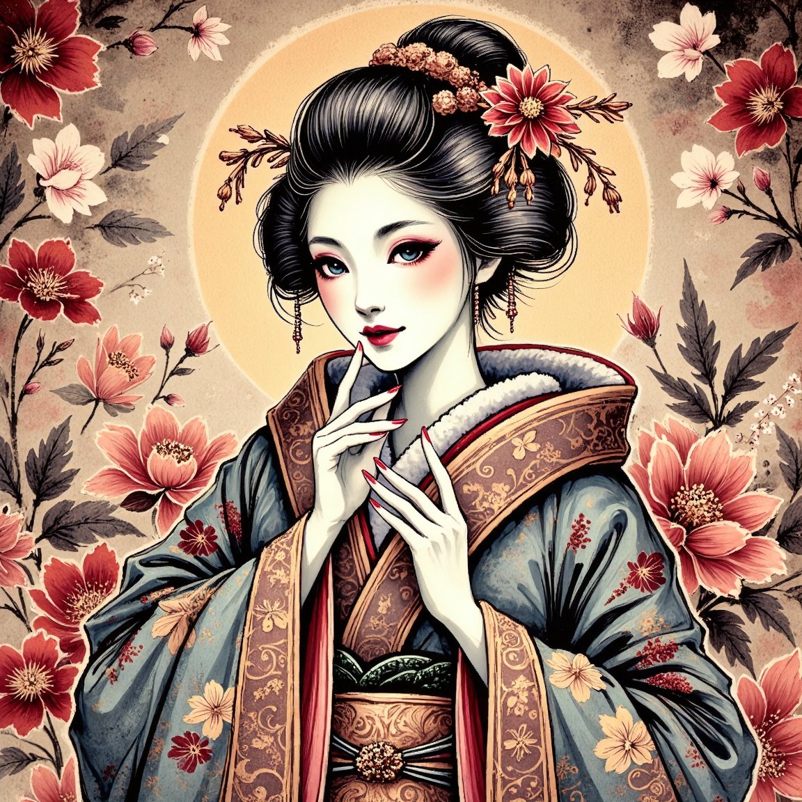  painting of a beautiful Geisha dressed in glamour kimono, surrounded by traditional decorations, creating an evocative piece reminiscent of classical Asian art, intense color, in the style of Andrew Atroshenko
((oil painting))((impresionism)), Mh1$AgThS2,cartoon-style,cartoon-style,retro_anime,Inkwashara