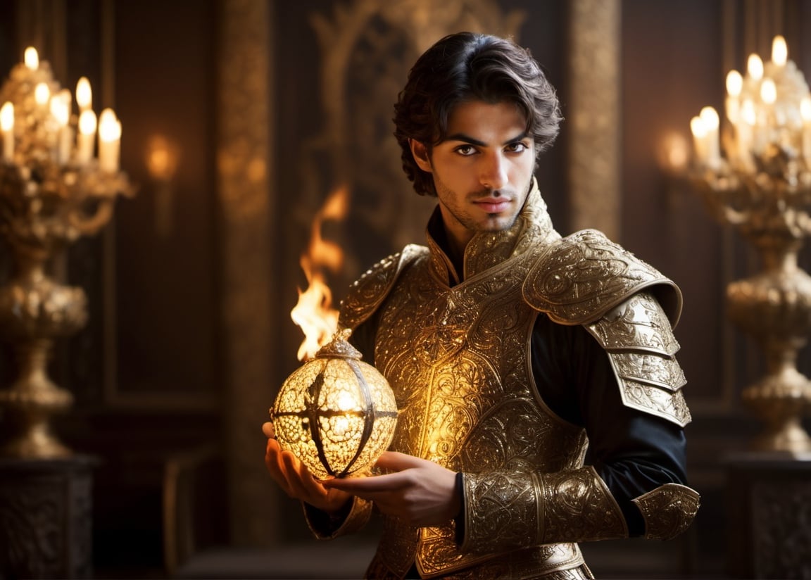 Create a film still with a dark, epic ambiance, featuring a movie prince clad in ornate gold-plated armor and fine silk garments, his demeanor serious as he contemplates a glowing fire orb. Highlight the texture and intricate craftsmanship of the armor and clothes using a shallow depth of field to draw the eye, framed in cinemascope with a soft vignette to set an intimate, moody tone,LegendDarkFantasy