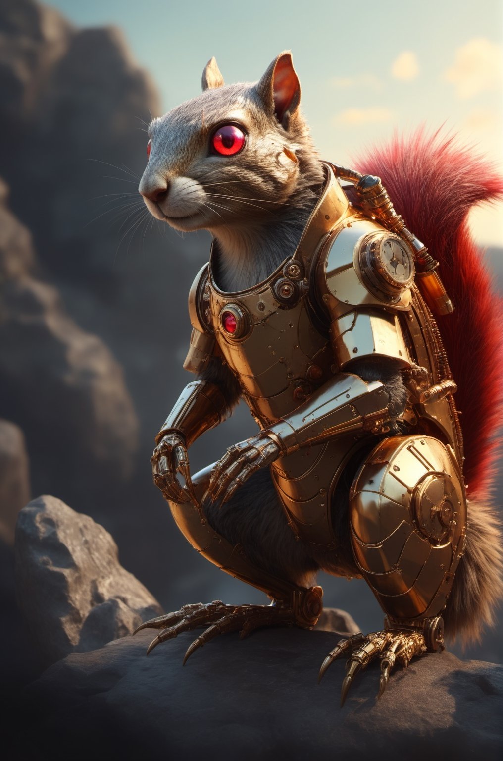 Squirrel robot, human-sized, crafted from gold and bromze mechanical parts, yellow and red accents, red glass eyes, perched on a jagged rock, steampunk aesthetics, ultra-detailed design, 32k resolution, cinematic upscaled visuals, octane rendering, bright sky, amber light, LegendDarkFantasy,LegendDarkFantasy,Made_of_pieces_of_bro