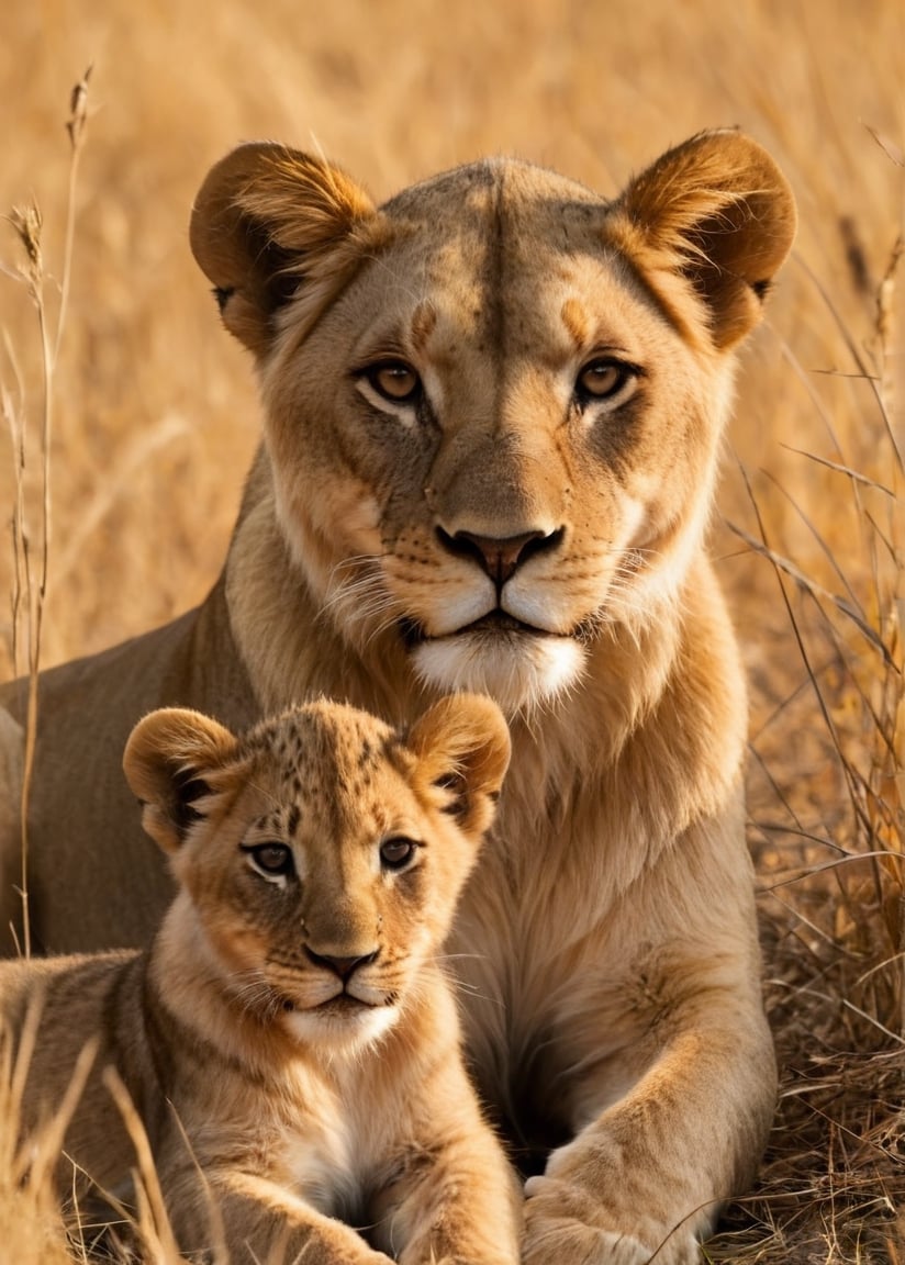 a lioness and a lion cub lie in the yellowed tall grass in the savannah