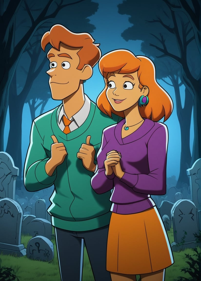 Fred from Scooby Doo with Daphne in the Graveyard, comic style, bright environment, beautiful environment, high detail, cartoon, funny scene