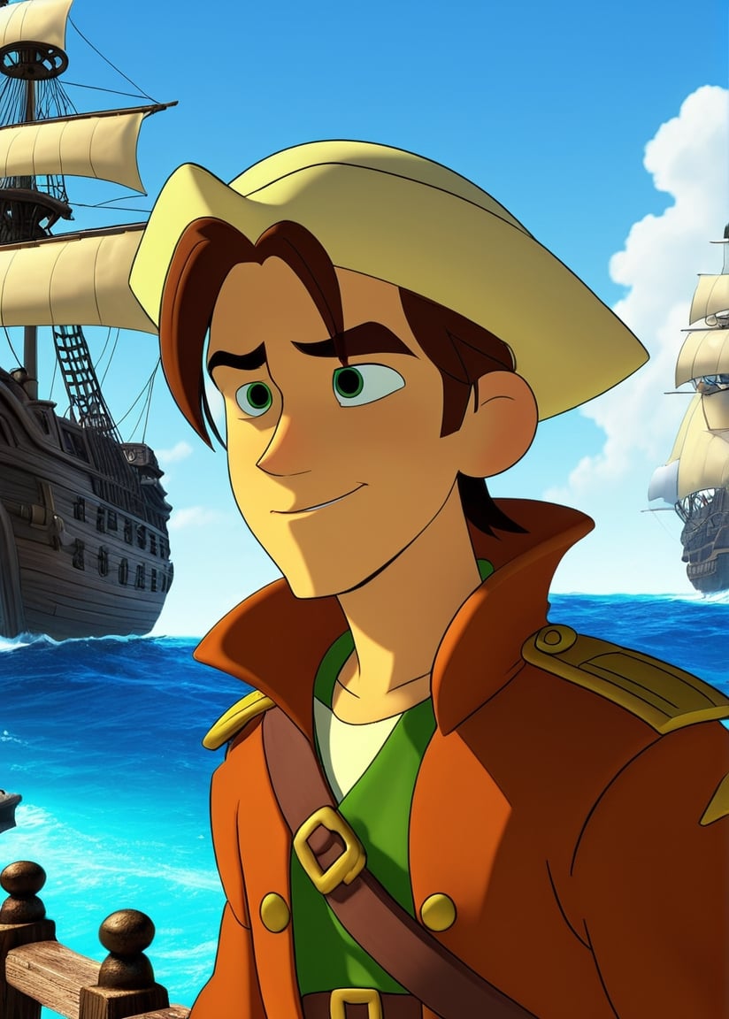 Cartoon Jim Hawkins, closeup, helm.  Pirates' ship, octane render, 2d animation , beautiful environment , cartoon 