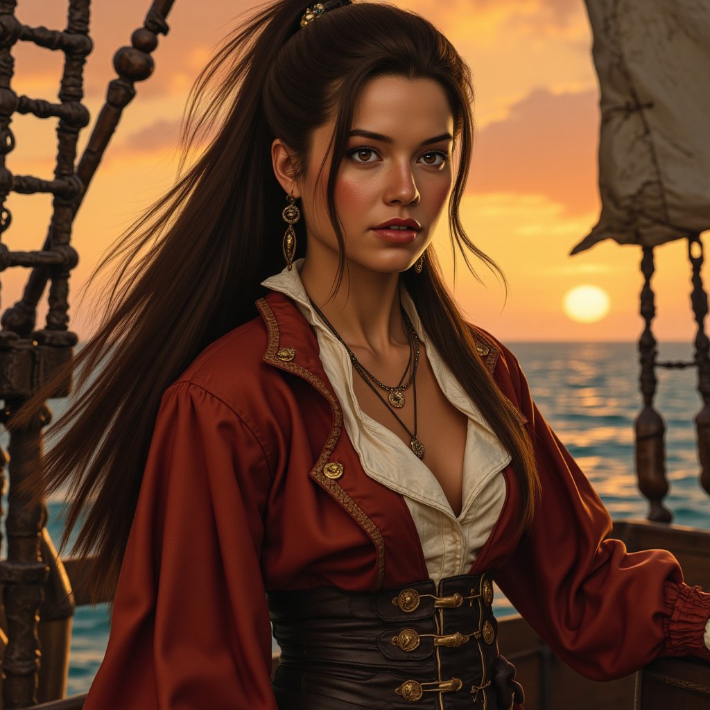 Sensual Beauty (Talia Morgulis) 18-th Century Pirate Captain, (vivid eyes), smooth long Brown ponytail hair, wearing, (traditional 18-th century Burgundy Pirate outfit), Commanding her ship, ((Pirate ship deck Background)) , (dynamic pose, random pose, modeling:1.4), (Mid body shot), sensual, beautiful, mesmerizing, concept art, highly detailed, artstation, behance, deviantart, inspired by innocent manga, inspired by video game concept art, trending, ayami kojima, shinichi sakamoto, Extremely Realistic, UHD, 8K, sharp focus, highly detailed masterpiece, bokeh, masterful volumetric lighting, epic light, intricate, intense colors, vibrant colors, chromatic aberration, epic fantasy, powerful aura, passionate, sensual, sexy, fiery,oil paint,Movie Poster,oil painting, chiaroscuro, tenebrism