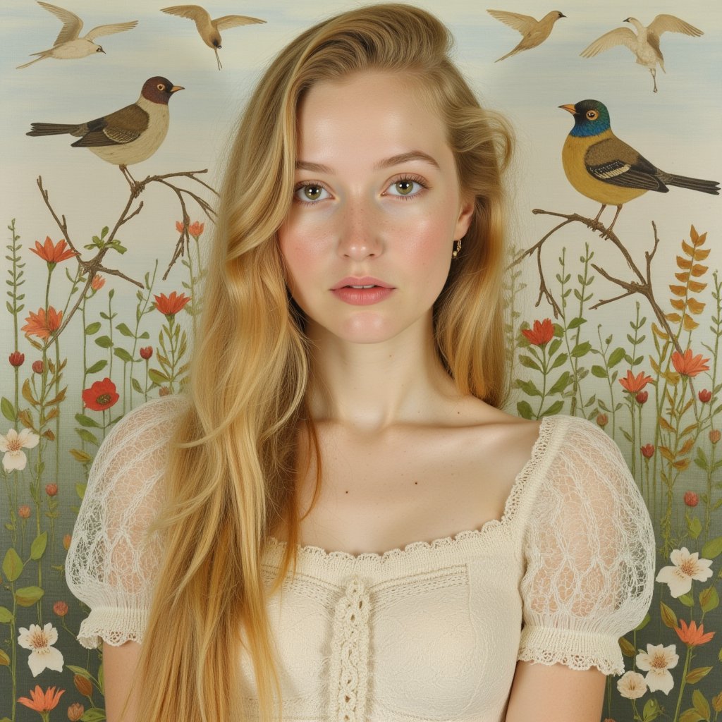 a beautiful young woman, long blonde hair, pale soft skin,lace dress, soft colors, background with birds and flowers, intricate details,