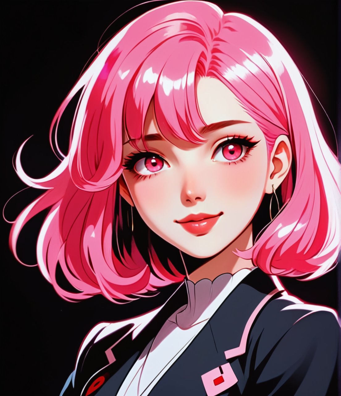 Anime artwork ,cute anime girl, solo,  white skin, blush, smooth skin, glowing skin, huge soft pink eyes, bright red glossy lips, pink hair, half turn to the viewer, eyes catch, masterpiece, best quality, dark black background, soft light on the face, flat posture , retro, 2d ,  academic anime, cute smile, pale colors, flirting gaze