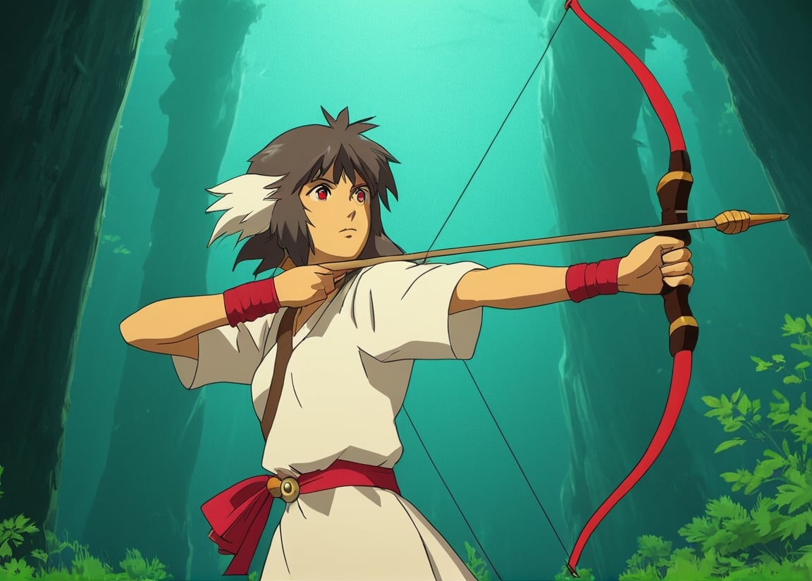 Princess mononoke, anime girl, shoots a bow, half body shot, beautiful environment, cartoon style , comic style, vibrant colors