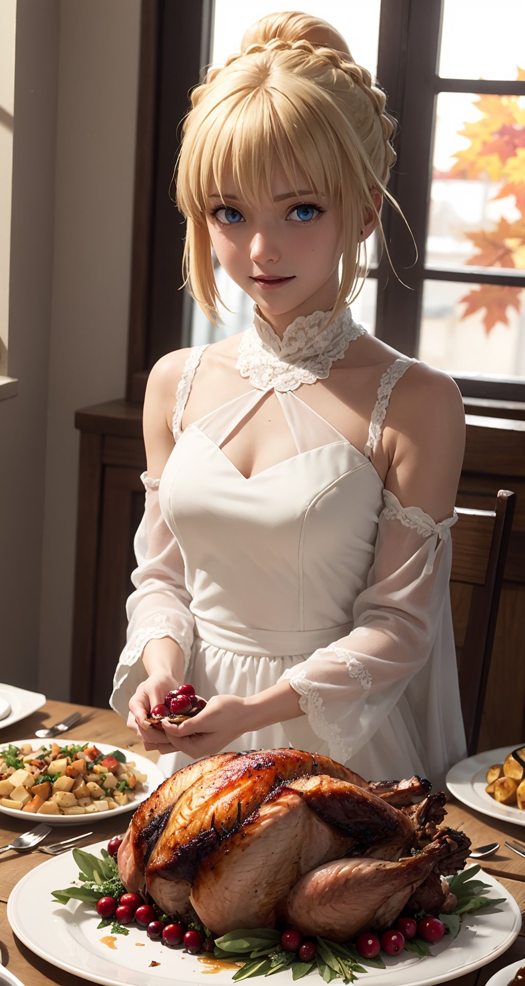 (masterpiece, 8k, raw), phSaber, phAltoria, sitting, ((plate of Thanksgiving roast turkey close to viewer:1.3)), surrounded by potatoes, vegetables, cranberry sauce, gravy, and pie, looking at tviewer, overjoyed look, dynamic view, blond hair, bangs, hair bun, french braid, hair locks,juliet sleeves, hair between eyes, short hair, single hair bunblue eyes, white dress, upper body, 
,phSaber