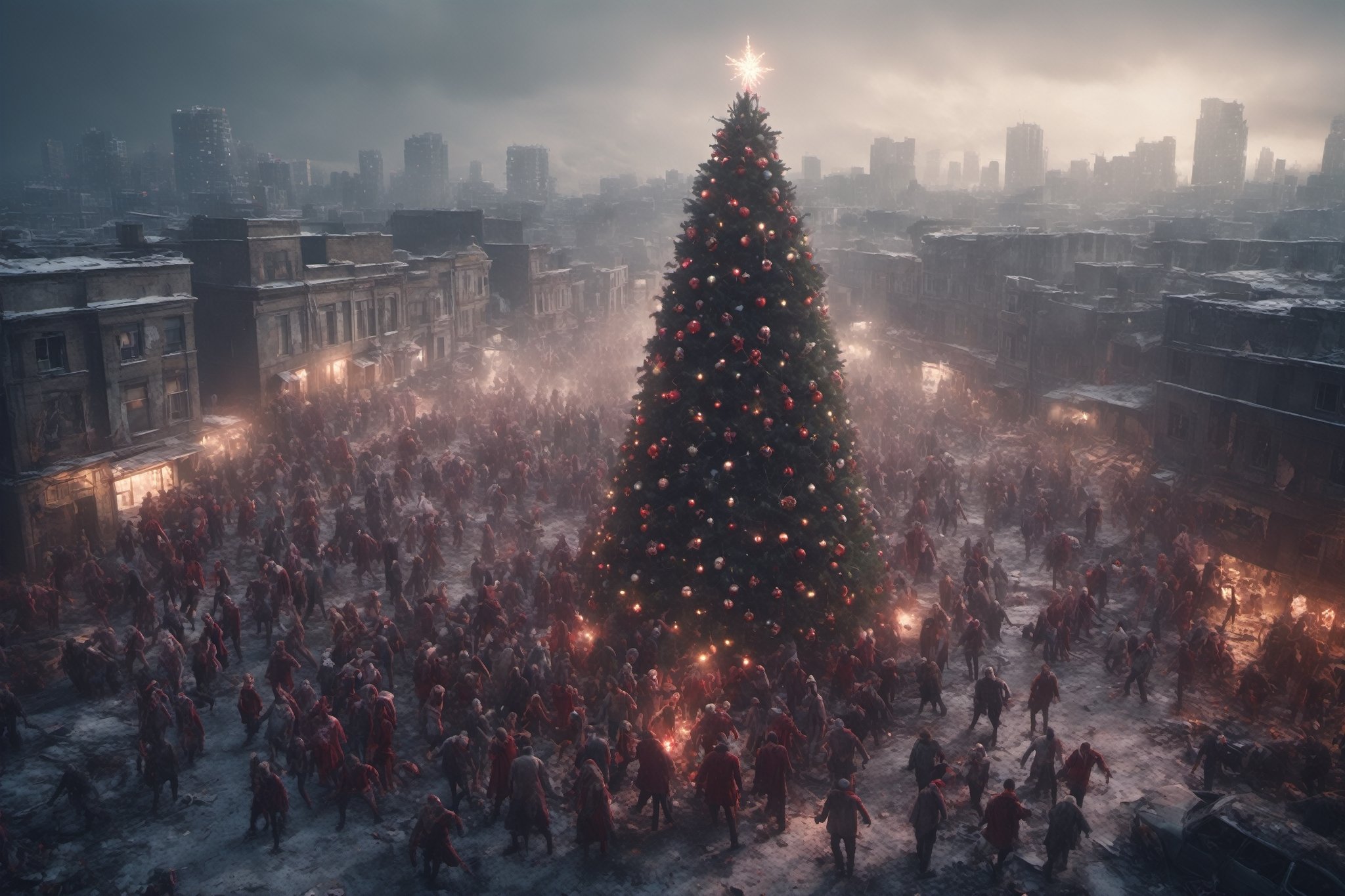 a horde of zombies in torn christmas clothes, gathering a round a giant chistmas tree decorated with lights at the center, far shot, abandoned city background, cinematic