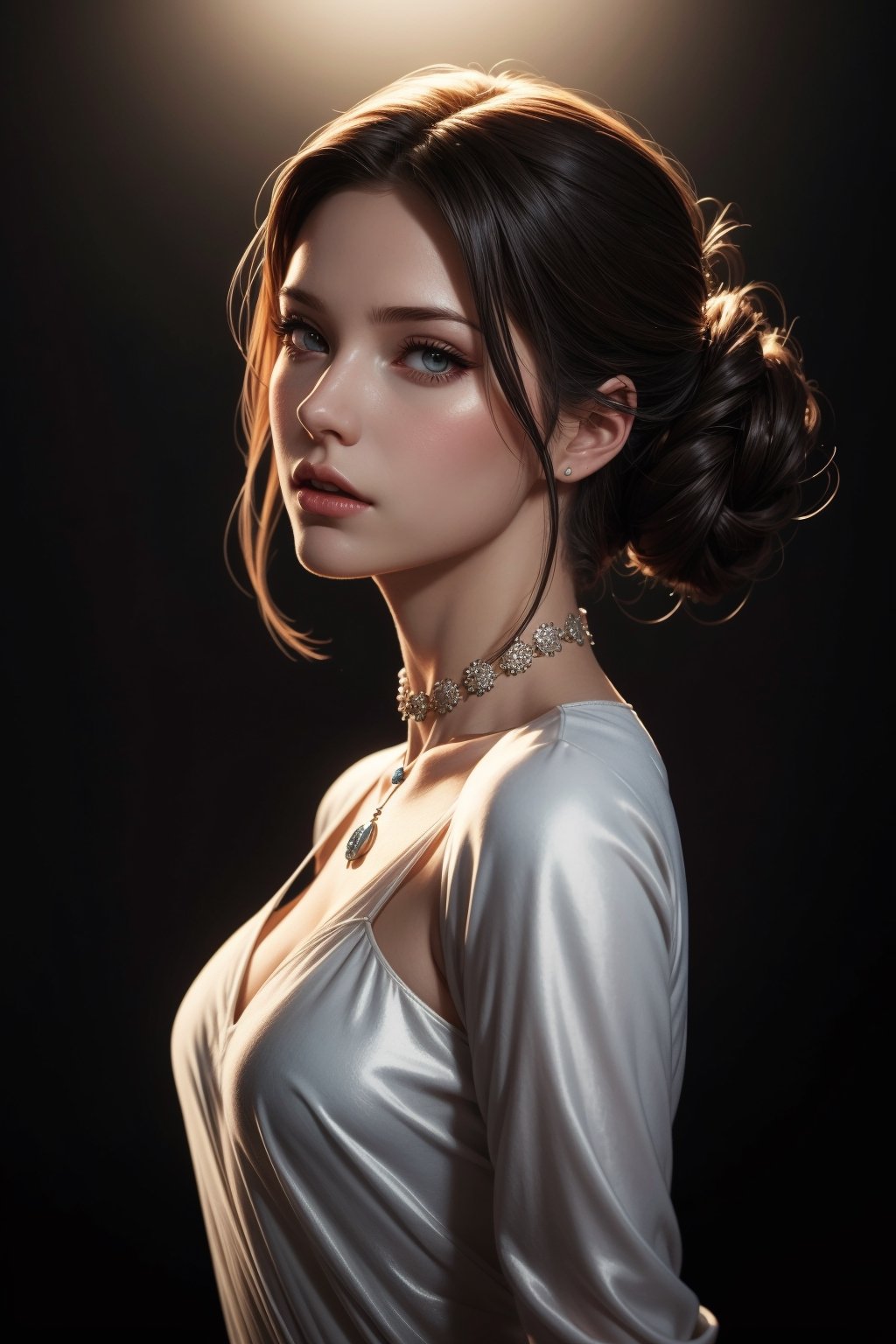 upper body portrait, (chin up), beautiful woman, light skin, hands at sides, sexy dress, realistic, Caucasian, elegant updo black hair, silver collar necklace, (elegant ballroom background), masterpiece painting, dramatic glowing soft lighting, wallpaper, smooth, High quality, Centered, Illustration, Details, Portrait, gorgeous digital painting, stunning digital illustration, charlie bowater, artstation, style of charlie bowater, charlie bowater art style, charlie bowater character art, realistic artstyle, beautiful digital illustration, stunning digital painting