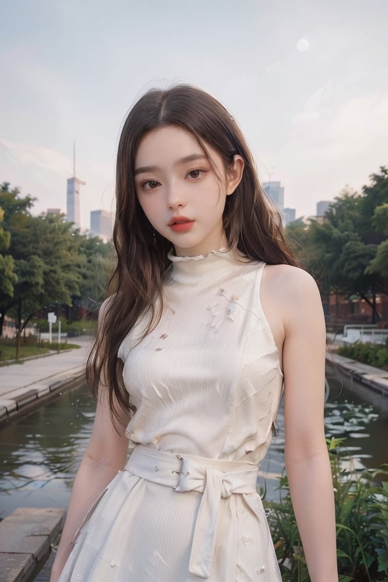 Top Quality, 8k, 32k, Masterpiece, UHD:1.2), Photograph: 1.37, Photograph: Top Quality, Biography, Uhd, 1girl, Long Hair, Hair, Glitter, Brown Hair, Temptive, White Dress, [massy-half-ponytail|bobcut] middle_parting_hair style, looking at the viewer, distance, complicated detailed background, detailed skin, pores, high-res, hdr, looking at the viewer, from the front, full body focus, distance snap, depth, detailed detail, anatomically accurate (Picture: 1.3), (Top body in waist frame: 1.2), Renaissance background, natural light, golden_rain, Kodak Vision3 IMAX, Fujicolor_Pro_Film