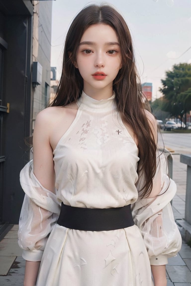 Top Quality, 8k, 32k, Masterpiece, UHD:1.2), Photograph: 1.37, Photograph: Top Quality, Biography, Uhd, 1girl, Long Hair, Hair, Glitter, Brown Hair, Temptive, White Dress, [massy-half-ponytail|bobcut] middle_parting_hair style, looking at the viewer, distance, complicated detailed background, detailed skin, pores, high-res, hdr, looking at the viewer, from the front, full body focus, distance snap, depth, detailed detail, anatomically accurate (Picture: 1.3), (Top body in waist frame: 1.2), Renaissance background, natural light, golden_rain, Kodak Vision3 IMAX, Fujicolor_Pro_Film