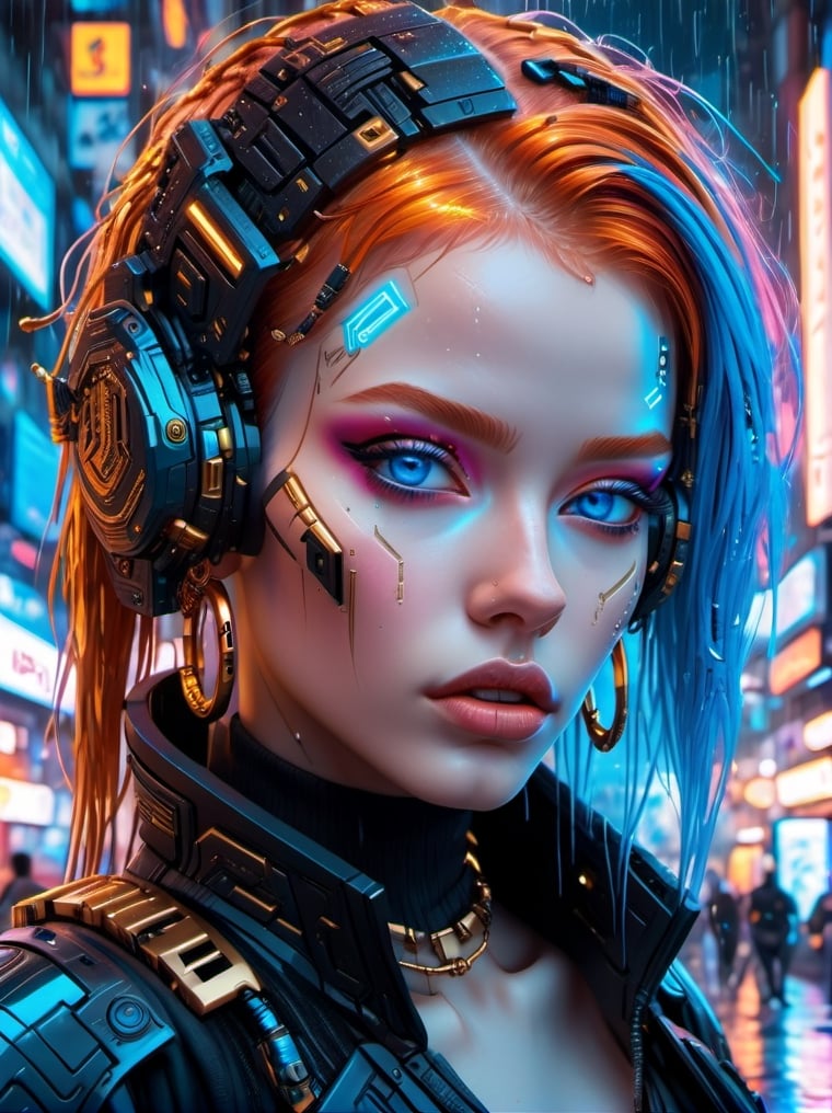 amazing cyberpunk girl ((detailed face with maximum details)), ((golden ear hoops)) ((blue eyes)) in a futurist city ​​at night (hair long) (hair  redhead) ((raining)) neon ligth 