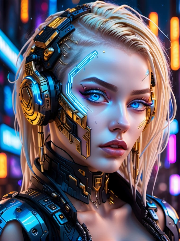 amazing cyberpunk girl ((detailed face with maximum details)), ((golden ear hoops)) ((blue eyes)) in a futurist city ​​at night (hair long) (hair  blondie) ((raining)) neon ligth 