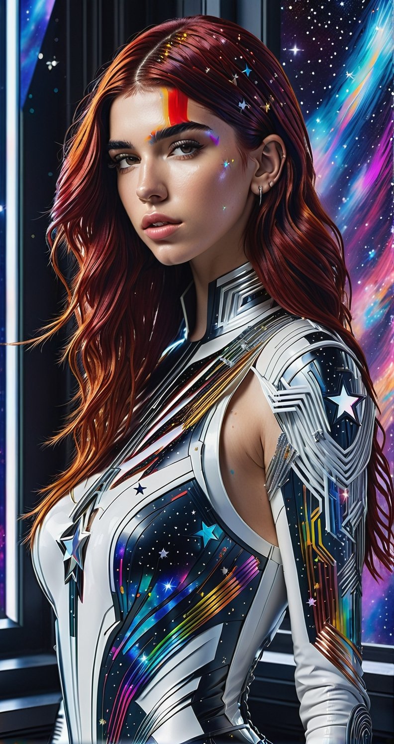 a detailed full body photo of a female cyborg ((dua lipa)) ((star-shaped tendrils)) ((long redhead hair)) ((with a white metal)) side in front of the window with cosmic stars on it and a colorful cosmic background, paint dripping, DonMCyb3rN3cr0XL, cyborg style,cyborg style