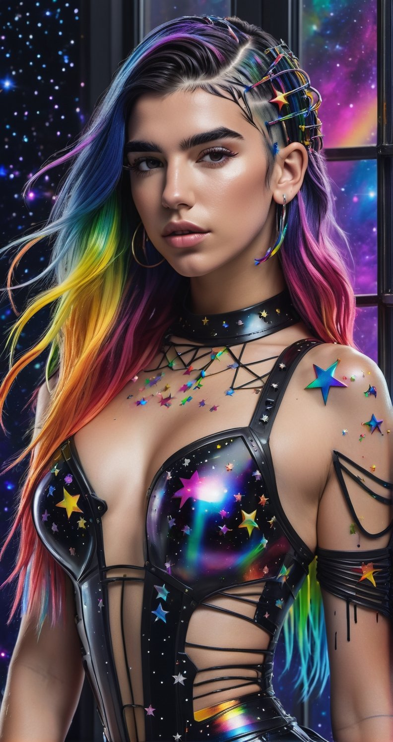 a detailed full body photo of a female cyborg ((dua lipa)) ((star-shaped tendrils)) ((long rainbow hair)) ((with a black metal)) side in front of the window with cosmic stars on it and a colorful cosmic background, paint dripping, DonMCyb3rN3cr0XL, cyborg style,cyborg style