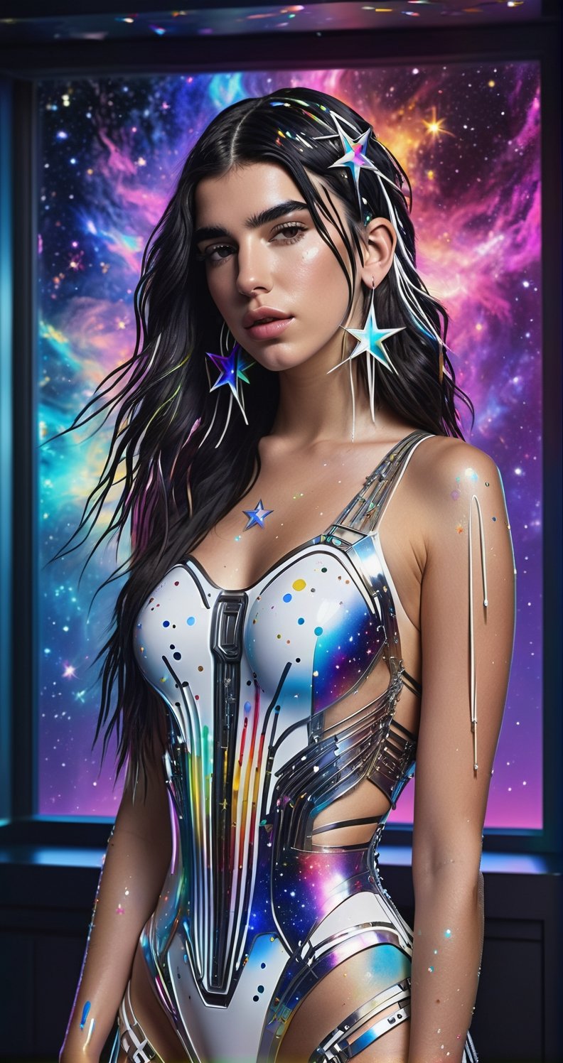 a detailed full body photo of a female cyborg ((dua lipa)) ((star-shaped tendrils)) ((long pupure hair)) ((with a white metal)) side in front of the window with cosmic stars on it and a colorful cosmic background, paint dripping, DonMCyb3rN3cr0XL, cyborg style,cyborg style