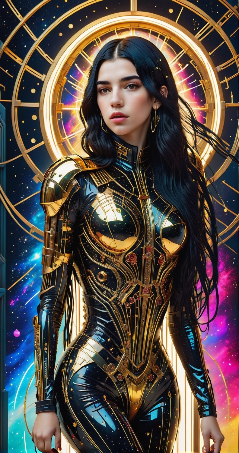 a detailed full body photo of a female cyborg ((dua lipa)) ((star-shaped tendrils)) ((long black hair)) ((with a gold metal)) side in front of the window with cosmic stars on it and a colorful cosmic background, paint dripping, DonMCyb3rN3cr0XL, cyborg style,cyborg style