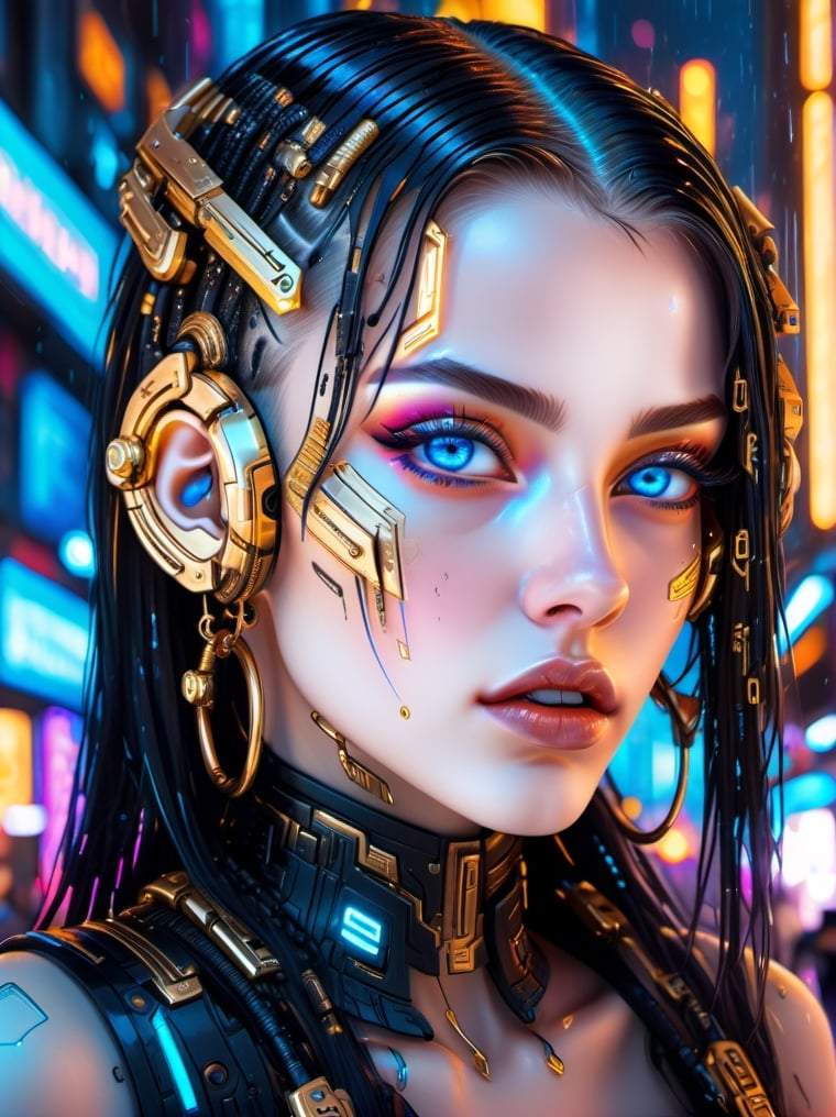 amazing cyberpunk girl ((detailed face with maximum details)), ((golden ear hoops)) ((blue eyes)) in a futurist city ​​at night (hair long) (hair  golden) ((raining)) neon ligth 